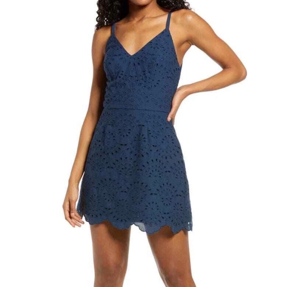 SPEECHLESS Cottagecore Eyelet Lace Mini Dress Navy Blue 5 Small Coquette Picnic